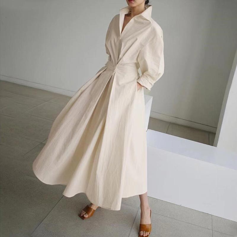 💥2025 New Products Hot Sale💕Women's Plain Cotton Lapel Shirt Wrap Dress