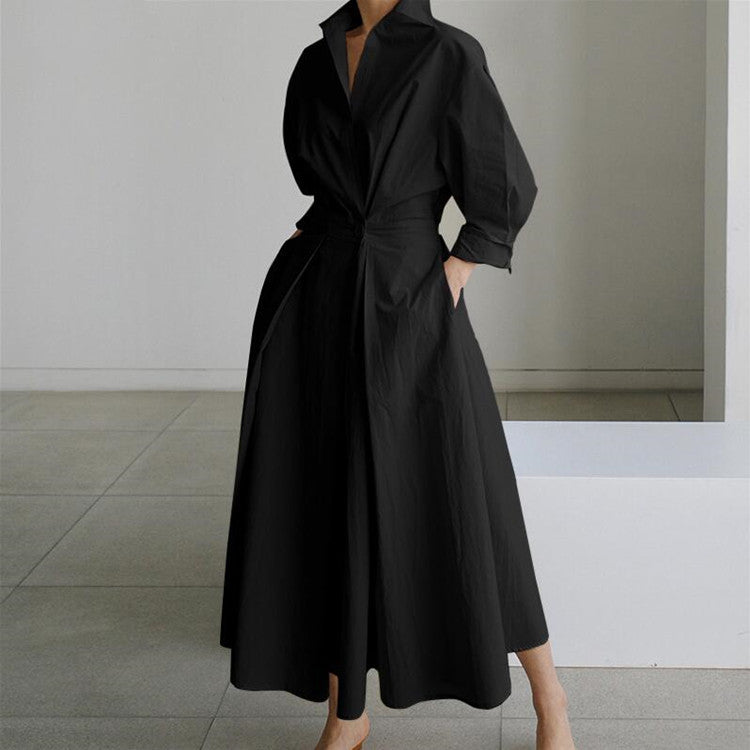 💥2025 New Products Hot Sale💕Women's Plain Cotton Lapel Shirt Wrap Dress