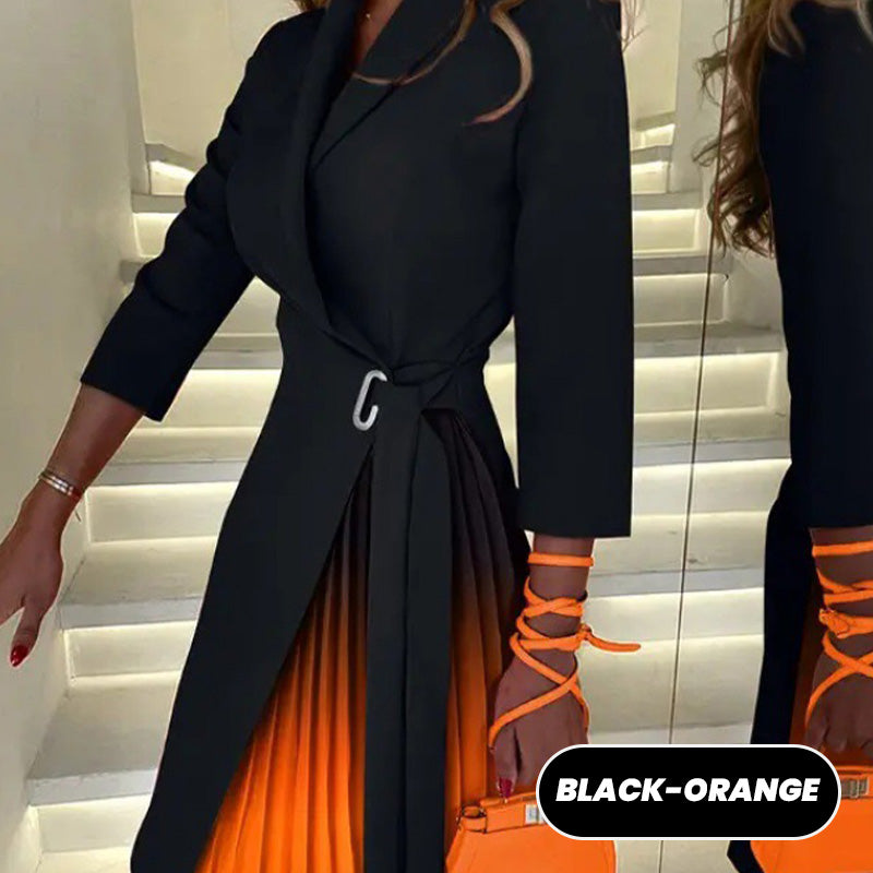 💕Limited Sale 49% OFF💕Ombre Lapel Neck Tied Waist Pleated Blazer Dress