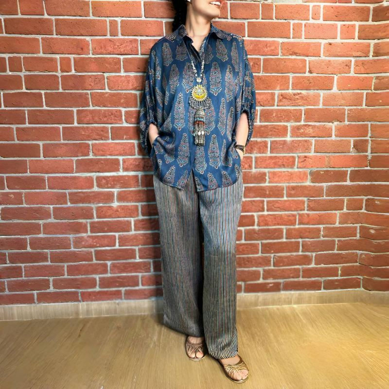 💥Hot Sale🍃Women's Fashion Loose Casual Printed Shirt and Striped Wide Leg Pants Set