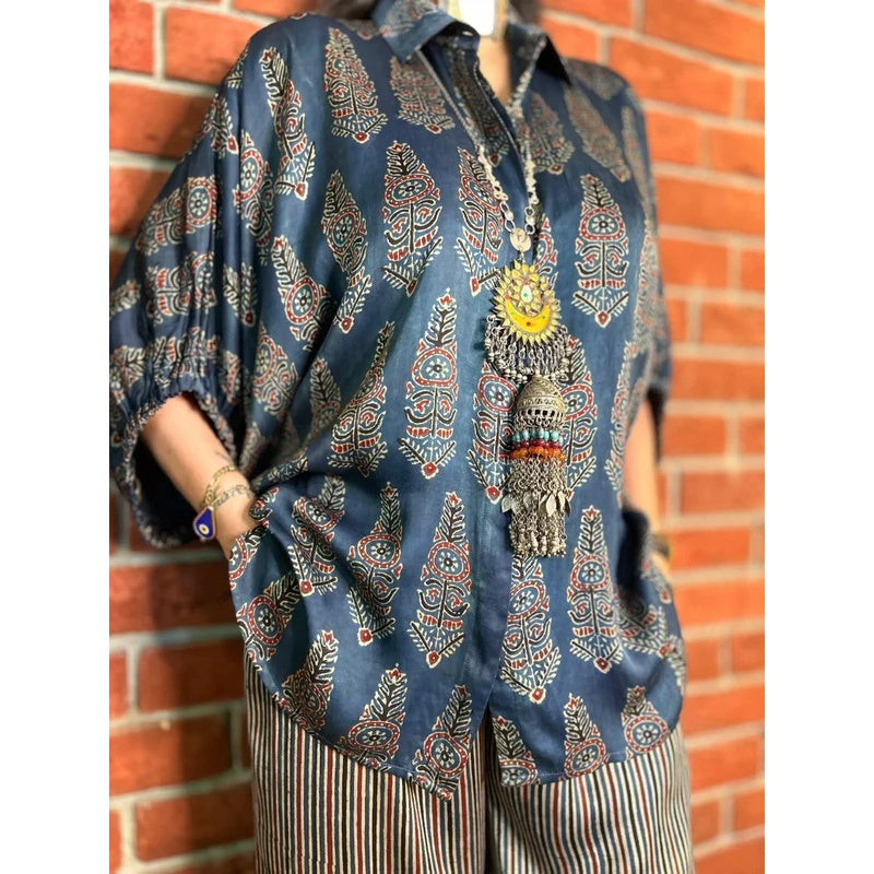 💥Hot Sale🍃Women's Fashion Loose Casual Printed Shirt and Striped Wide Leg Pants Set