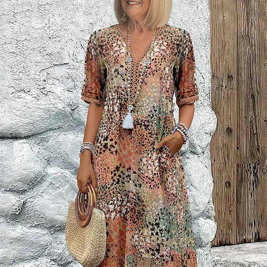 💥Women's Vivid Printed V-Neck Midi Dress