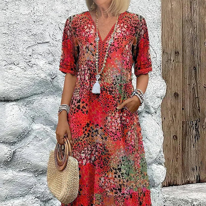 💥Women's Vivid Printed V-Neck Midi Dress