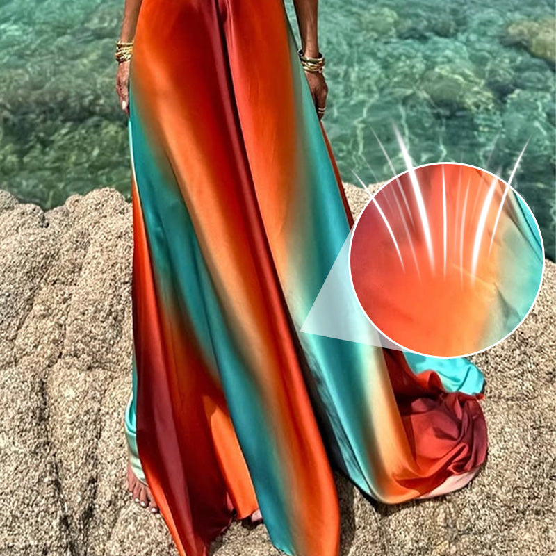 💥New Arrival✨Neon Sunset Printed Metal Decoration Cutout Back Tie-up Vacation Maxi Dress