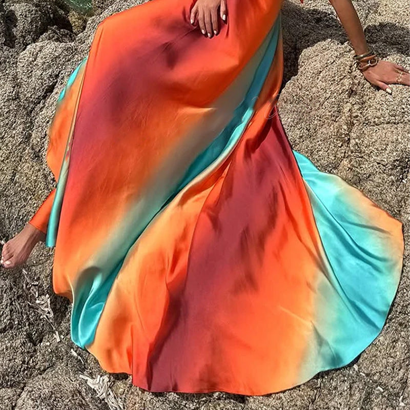 💥New Arrival✨Neon Sunset Printed Metal Decoration Cutout Back Tie-up Vacation Maxi Dress