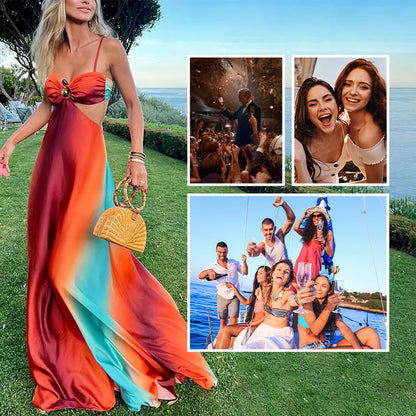 💥New Arrival✨Neon Sunset Printed Metal Decoration Cutout Back Tie-up Vacation Maxi Dress