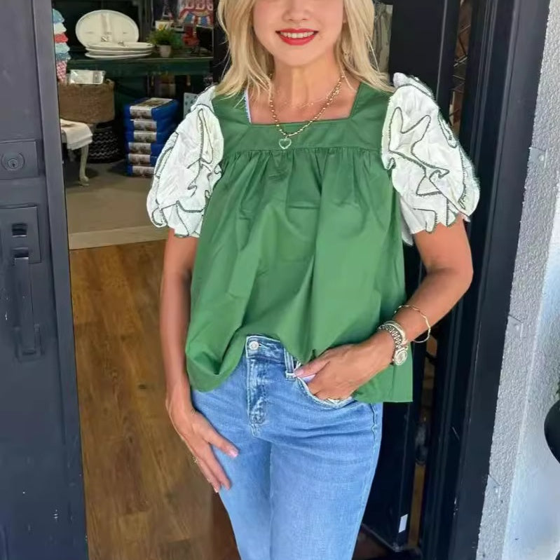💥Hot Sale🍃Women's Casual Color-Block Square Neck Top