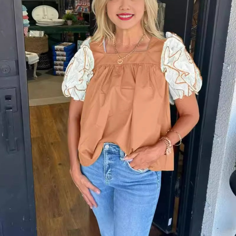 💥Hot Sale🍃Women's Casual Color-Block Square Neck Top