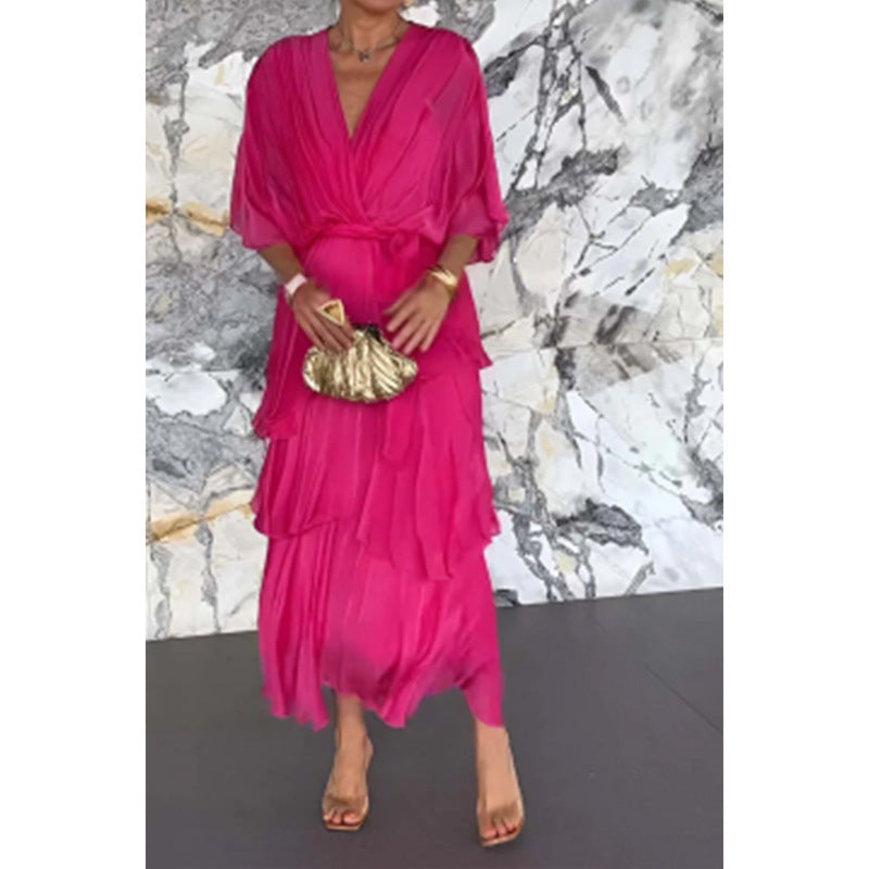 💃Elegant V-Neck Wrap Waist Tie Layered Dress