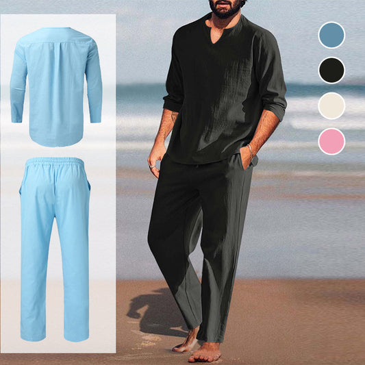 🍃Men's Solid V-Neck Top ＆ Pants 2-Piece Set