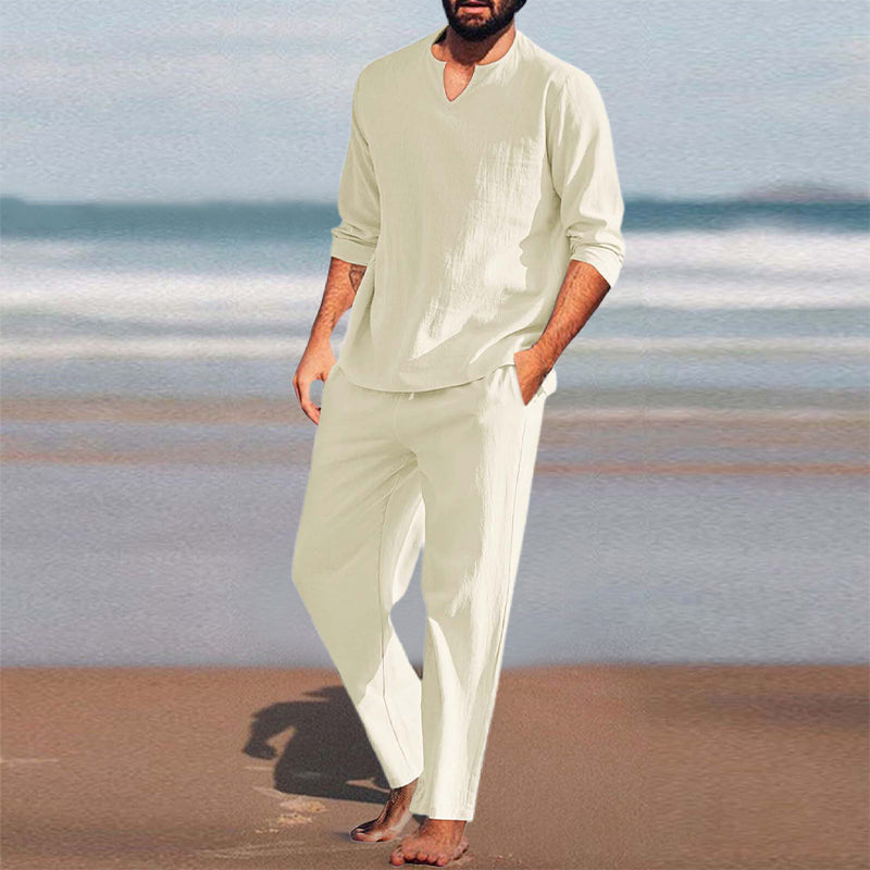 🍃Men's Solid V-Neck Top ＆ Pants 2-Piece Set