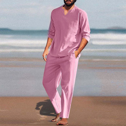🍃Men's Solid V-Neck Top ＆ Pants 2-Piece Set