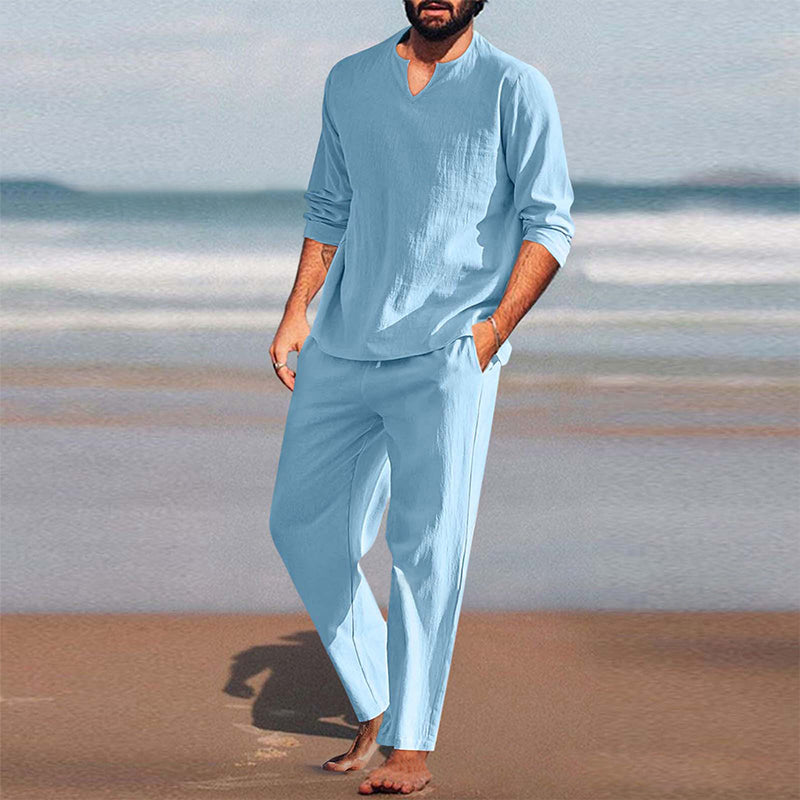 🍃Men's Solid V-Neck Top ＆ Pants 2-Piece Set