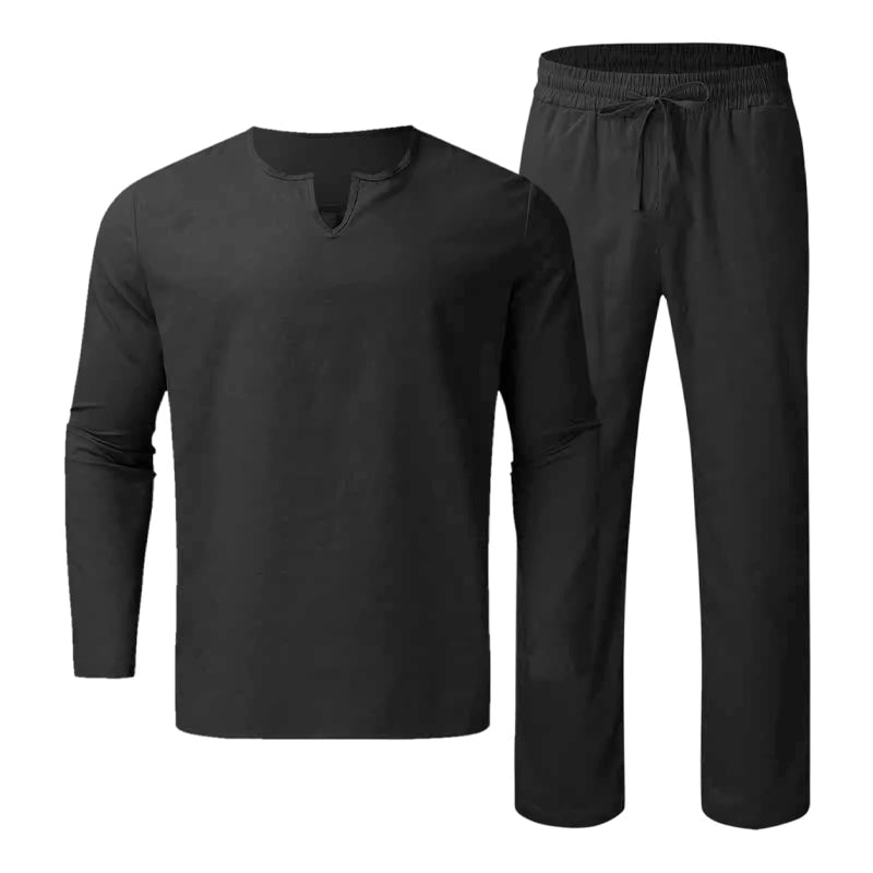 🍃Men's Solid V-Neck Top ＆ Pants 2-Piece Set