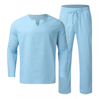 🍃Men's Solid V-Neck Top ＆ Pants 2-Piece Set