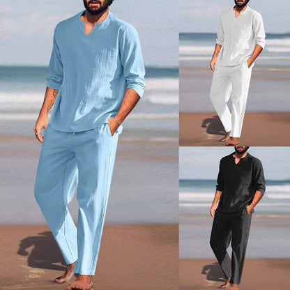 🍃Men's Solid V-Neck Top ＆ Pants 2-Piece Set