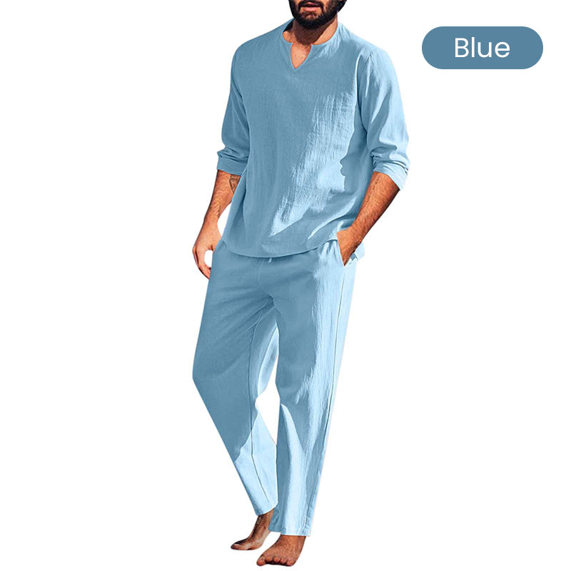 🍃Men's Solid V-Neck Top ＆ Pants 2-Piece Set