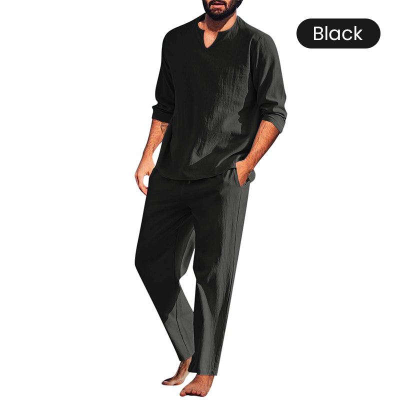 🍃Men's Solid V-Neck Top ＆ Pants 2-Piece Set
