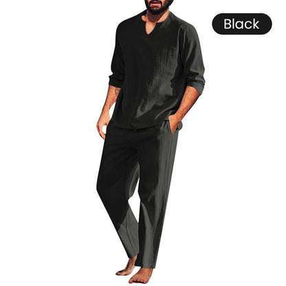 🍃Men's Solid V-Neck Top ＆ Pants 2-Piece Set
