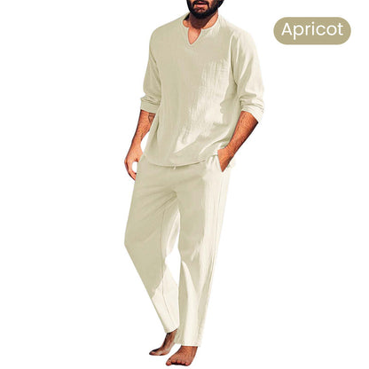 🍃Men's Solid V-Neck Top ＆ Pants 2-Piece Set