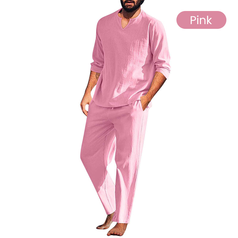 🍃Men's Solid V-Neck Top ＆ Pants 2-Piece Set