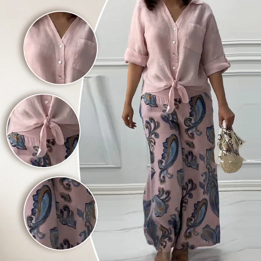 💕Women's Fashion Loose Cardigan Shirt & High Waist Pants Two Piece Set