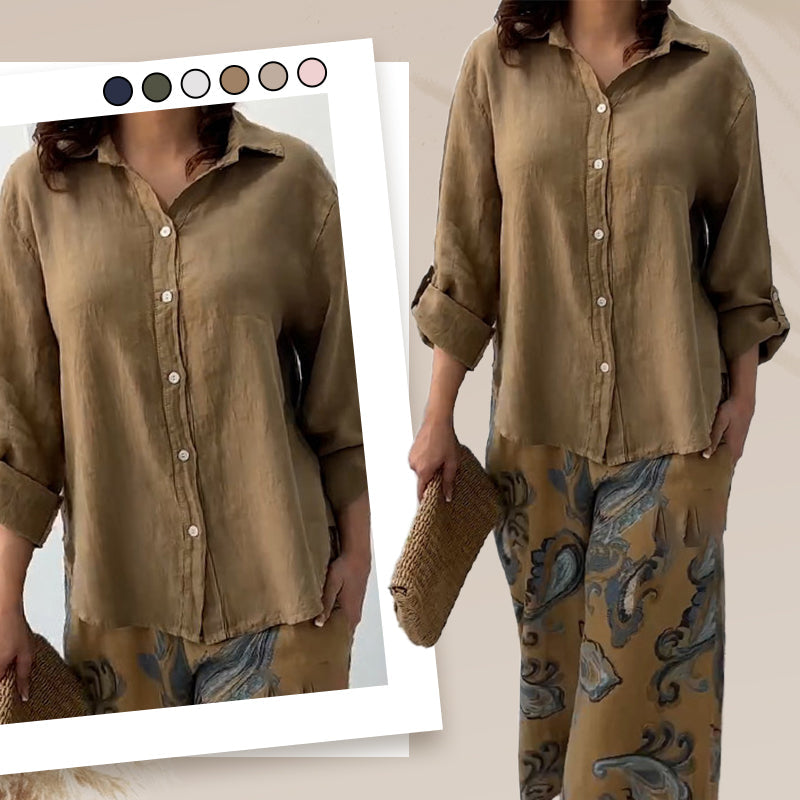 💕Women's Fashion Loose Cardigan Shirt & High Waist Pants Two Piece Set