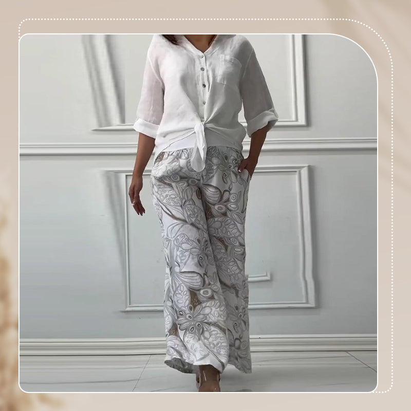 💕Women's Fashion Loose Cardigan Shirt & High Waist Pants Two Piece Set