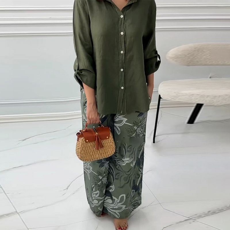 💕Women's Fashion Loose Cardigan Shirt & High Waist Pants Two Piece Set
