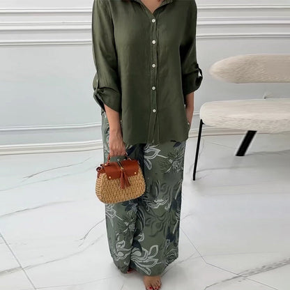 💕Women's Fashion Loose Cardigan Shirt & High Waist Pants Two Piece Set