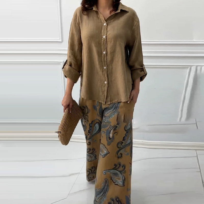 💕Women's Fashion Loose Cardigan Shirt & High Waist Pants Two Piece Set