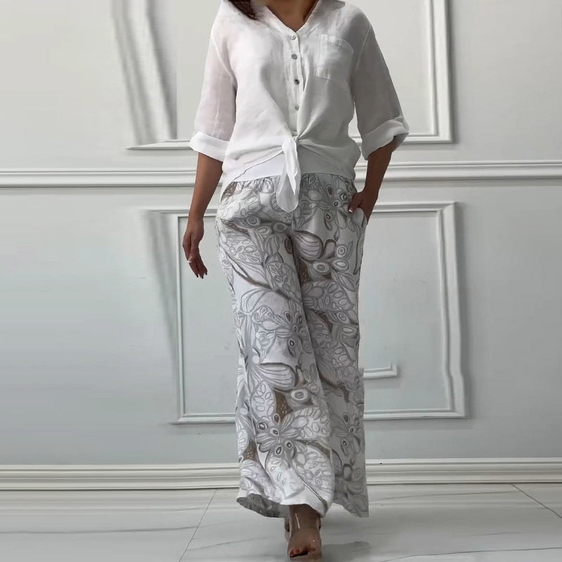 💕Women's Fashion Loose Cardigan Shirt & High Waist Pants Two Piece Set