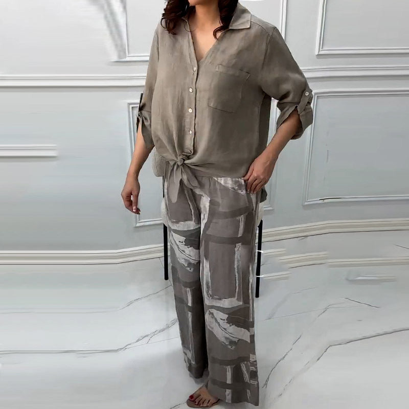 💕Women's Fashion Loose Cardigan Shirt & High Waist Pants Two Piece Set