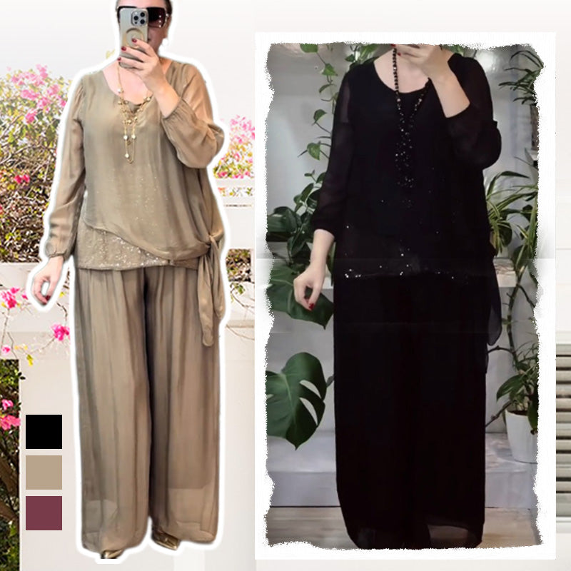 🌿Women’s 2-Piece Sequin Blouse & Wide Leg Pants Set