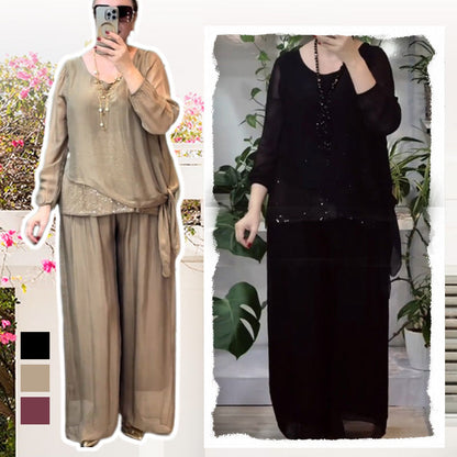 🌿Women’s 2-Piece Sequin Blouse & Wide Leg Pants Set