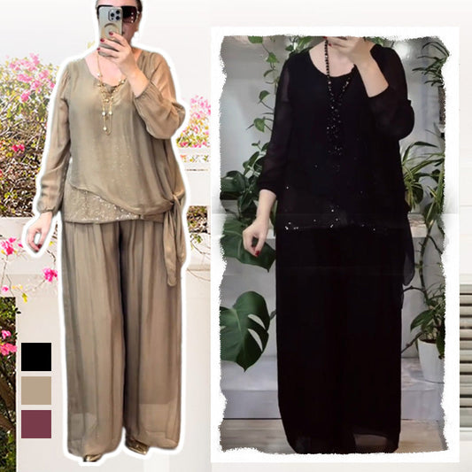 🌿Women’s 2-Piece Sequin Blouse & Wide Leg Pants Set
