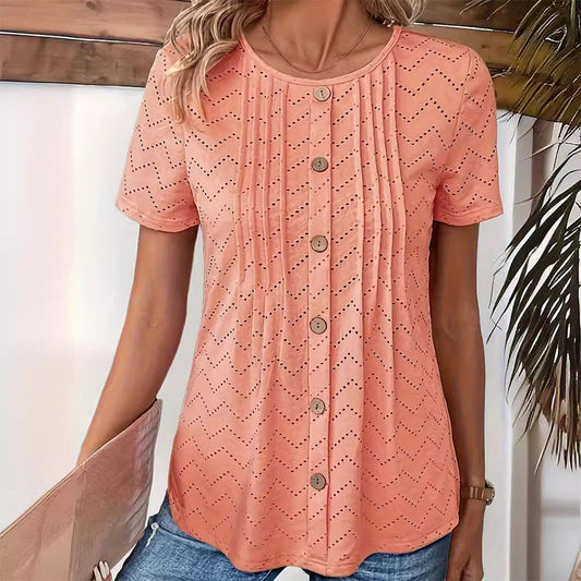 🌿Women's Casual Round Neck Short Sleeve Hollow Out T-Shirt