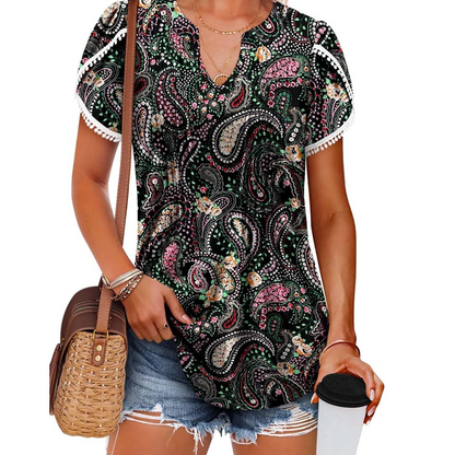 🌷Women's Cute Fringe Cuff Short-Sleeve Printed Tops