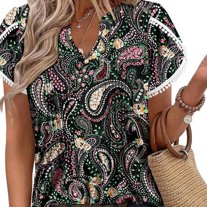 🌷Women's Cute Fringe Cuff Short-Sleeve Printed Tops