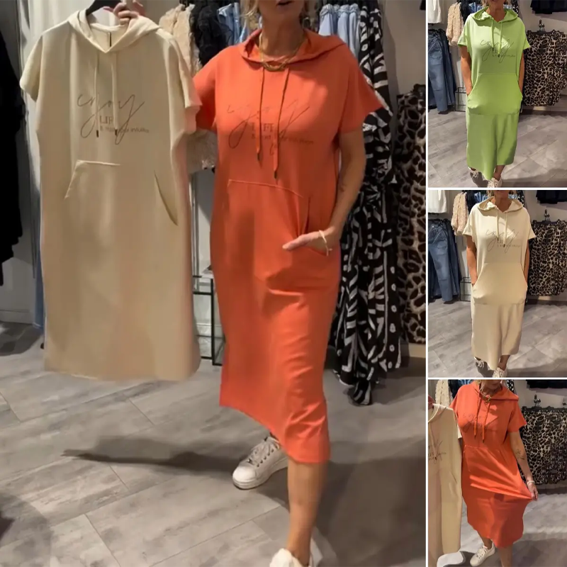 🎁2026 New Arrivals 49% OFF💥Women’s Solid Short-Sleeve Hooded Long Dress💐