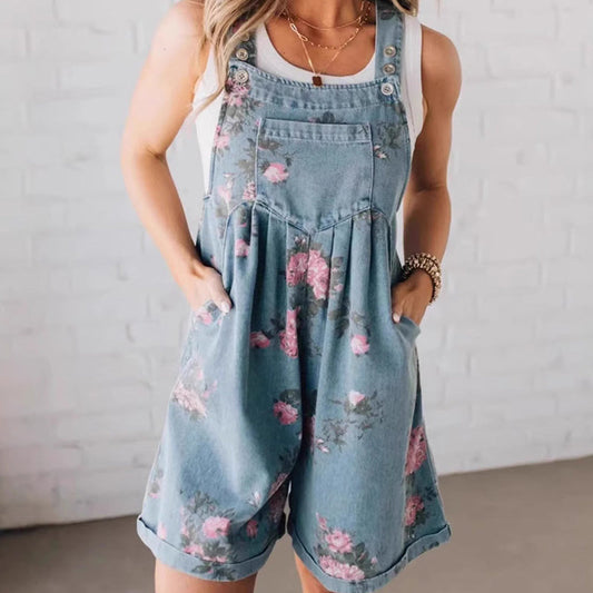 💥Fashionable Vintage Floral Print Denim Jumpsuit