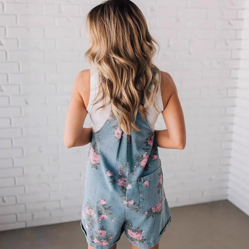 💥Fashionable Vintage Floral Print Denim Jumpsuit