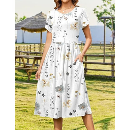 👗Women's Elegant Round Neck Midi Dress with Pockets
