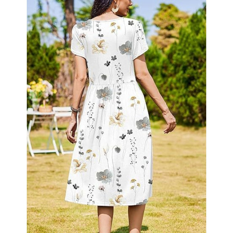 👗Women's Elegant Round Neck Midi Dress with Pockets
