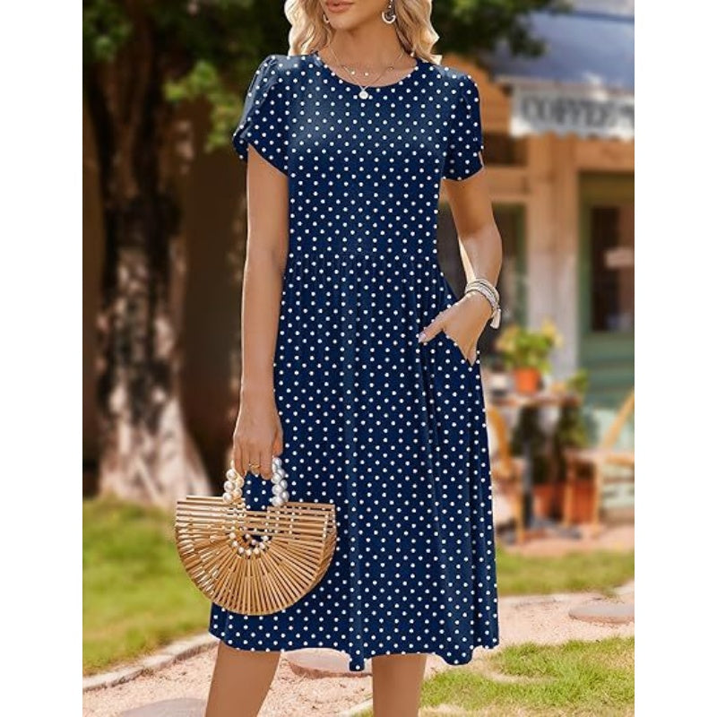 👗Women's Elegant Round Neck Midi Dress with Pockets