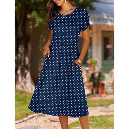 👗Women's Elegant Round Neck Midi Dress with Pockets