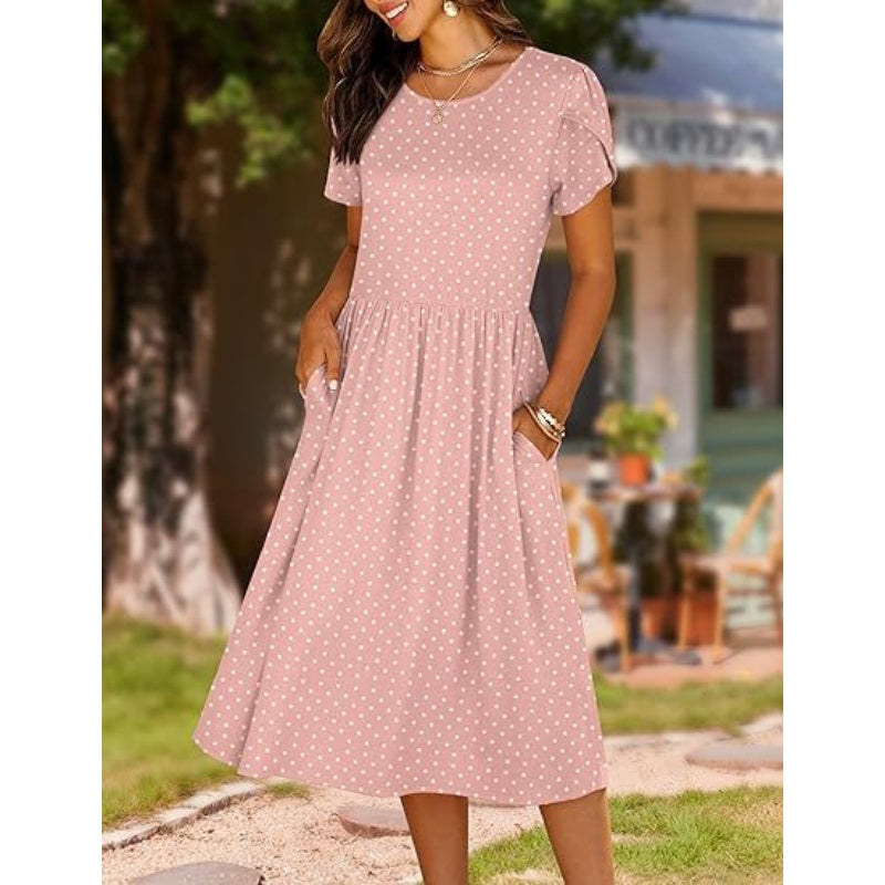 👗Women's Elegant Round Neck Midi Dress with Pockets