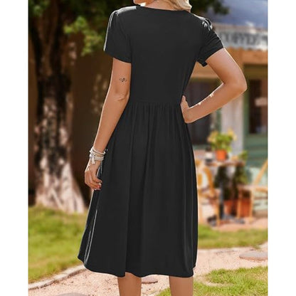 👗Women's Elegant Round Neck Midi Dress with Pockets