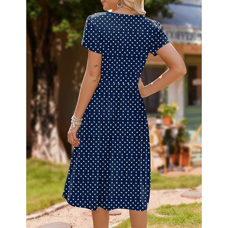 👗Women's Elegant Round Neck Midi Dress with Pockets