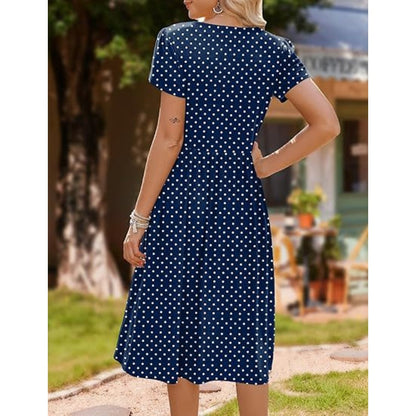 👗Women's Elegant Round Neck Midi Dress with Pockets